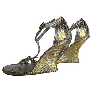 Sigerson Morrison Metallic Woven Wedge Sandals Size 8 Silver Gold T-Strap Italy